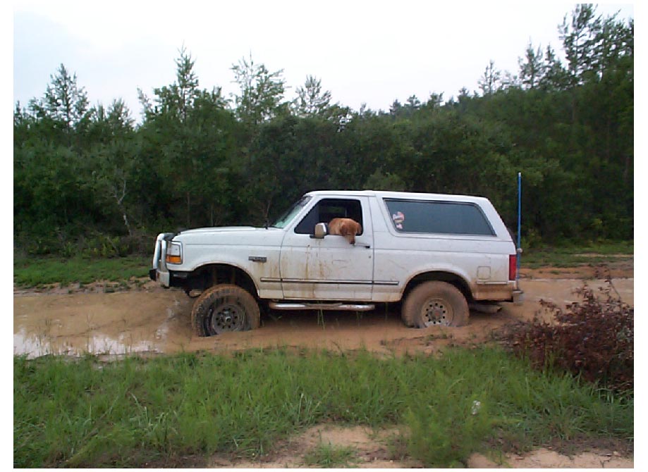Big mud puddle on the side of the road, I thought I could make it, but didn't have enough speed up, my dog is looking out the window saying what the heck did you just do..I wasn't going anywhere.