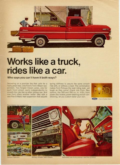 1966 Ford F-100 - This red Ford F-100 pickup truck is shown from the side, with two people in the bed loading boxes.