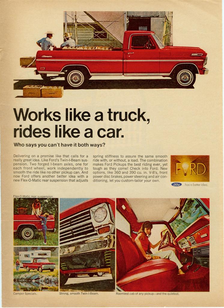 Red 1967 Ford F-100 pickup truck side view, bed loaded with boxes
