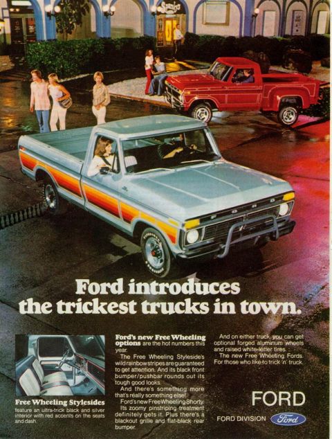 1966 Ford F-100 - This ad showcases Ford's "Free Wheeling" truck options with colorful side stripes and custom wheels.