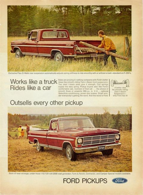 1966 Ford F-100 - Advertisement for Ford Pickups, highlighting their utility and comfort.