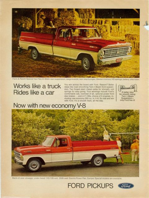 1966 Ford F-100 - Advertisement for a red and white Ford pickup truck, likely a 1967 model, emphasizing its truck-like utility and car-like ride.