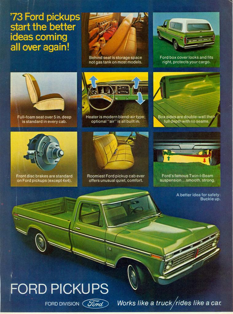 '73 Ford pickups ad with green Styleside and feature photos of cab, box and Twin-I-Beam