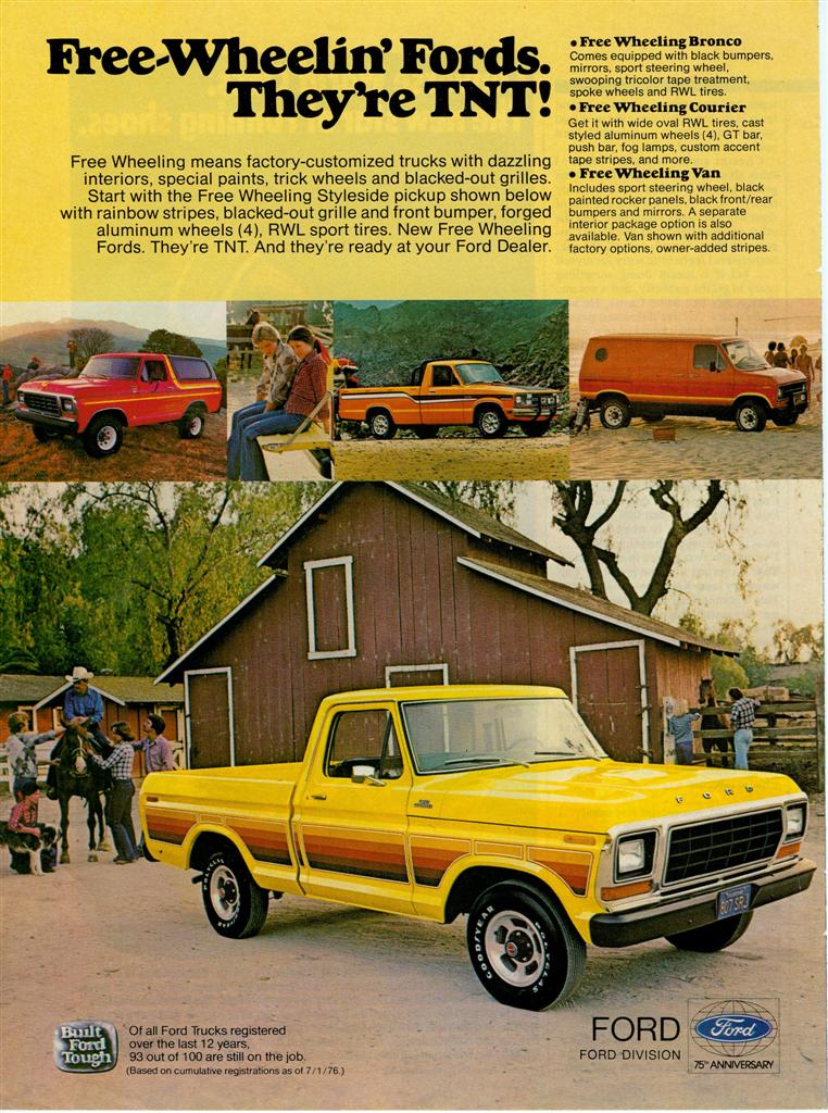 Free-Wheelin' Fords ad with yellow striped Styleside pickup, Bronco, Courier and Van