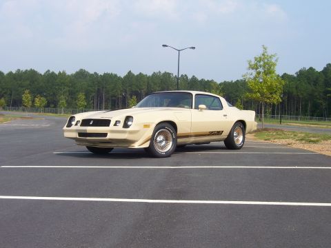 1979 Chevrolet Camaro - 1979 Chevrolet Camaro Z28 in beige with gold stripe, parked outdoors.