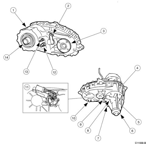 2007 Ford Mustang - Transfer case component breakdown drawing with numbered callouts identifying housing and internal assembly parts.