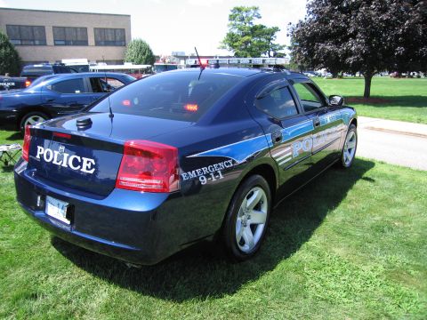 1991 Ford LTD Crown Victoria - Rear three-quarter view of a dark blue Dodge Charger police car with roof light bar, displayed on grass.