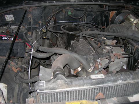 1991 Jeep Wrangler - The engine bay of a Jeep is shown, with various hoses and the engine block visible.