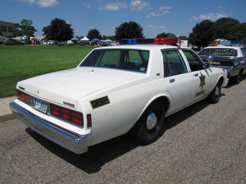 1991 Ford LTD Crown Victoria - Rear three-quarter view of a white Chevrolet Caprice sheriff sedan with a gold star door emblem and roof lightbar.