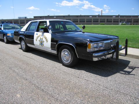 1991 Ford LTD Crown Victoria - black-and-white Highway Patrol Ford sedan with a chrome push bar, spotlight, and gold star door emblem parked on pavement by a grassy field.