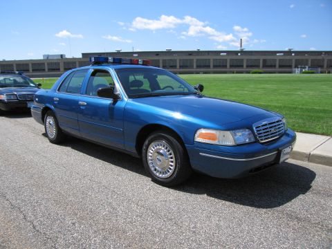 1991 Ford LTD Crown Victoria - blue Ford Crown Victoria police interceptor sedan with a roof light bar parked beside a green field under a blue sky.