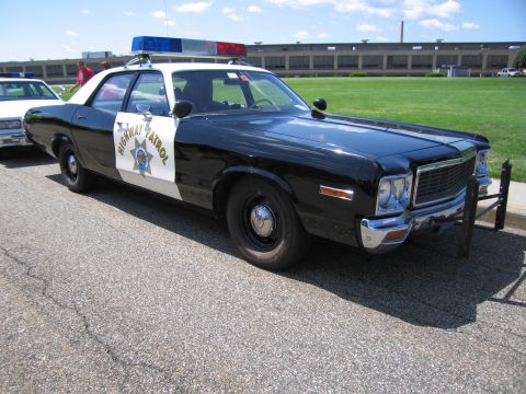 1991 Ford LTD Crown Victoria - black-and-white Highway Patrol sedan with a chrome grille, push bar, and roof light bar parked beside a green field.