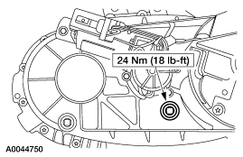 2007 Ford Mustang - Service figure indicating a transmission housing fastener with a 24 Nm (18 lb-ft) torque specification.