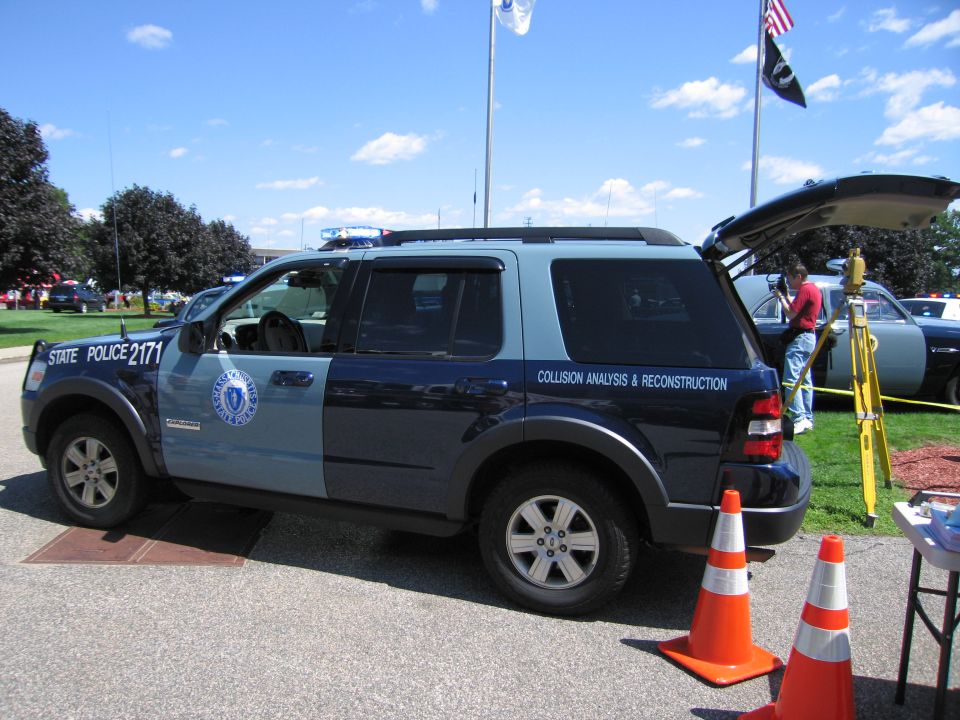 Massachusetts State Police Ford Explorer marked 'Collision Analysis & Reconstruction'