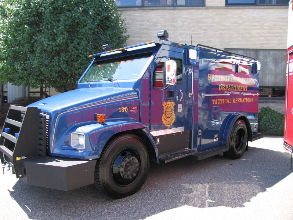 Blue Springfield Police Department tactical operations armored truck with push bumper