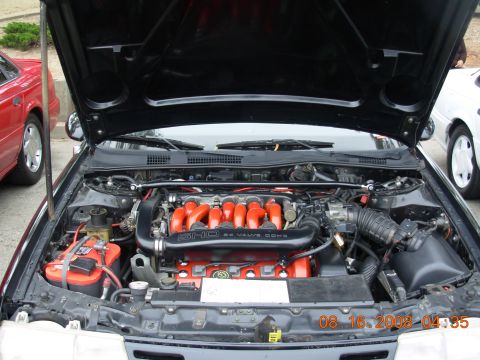 1995 Ford Taurus - The engine bay of a black Ford Taurus SHO is displayed, its V8 engine with distinctive red intake runners.
