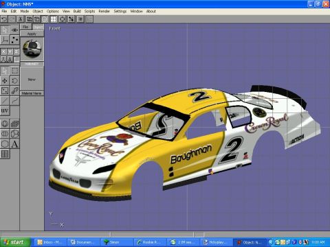 2004 Jeep Wrangler - A digital rendering displays a race car body with sponsor decals, viewed from a three-quarter front angle.