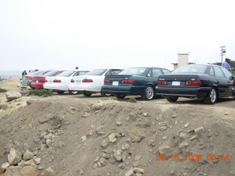 1995 Ford Taurus - A line of sedans are parked on a dirt embankment with the ocean in the background.