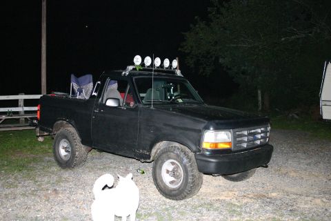 1993 Ford Bronco - This black 1995 Ford F-150 pickup truck features a prominent grille and roof-mounted off-road lights.
