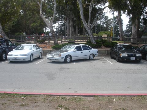 1990 Ford Taurus - A white 1990 Ford Taurus sedan with a contrasting grey hood is parked in a lot alongside other vehicles.