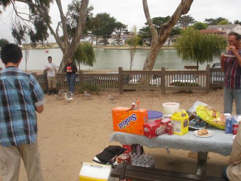 1990 Ford Taurus - A group enjoys a picnic by a lake, with several people and birds present in the outdoor setting.