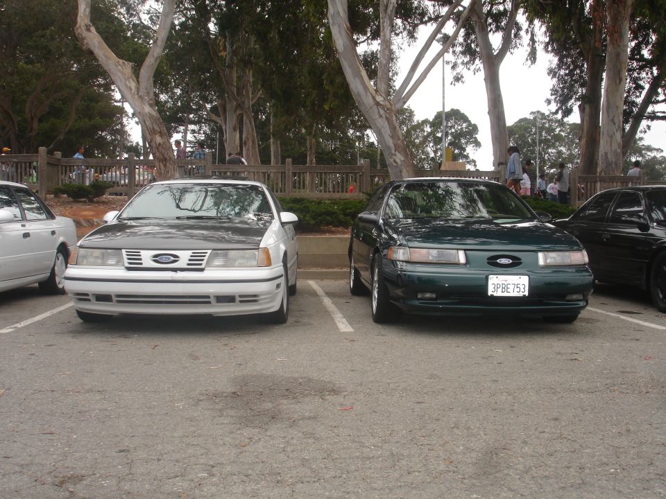 Two Ford Taurus sedans parked side-by-side, one white with a dark hood, the other dark green with a license plate reading 3PBE753