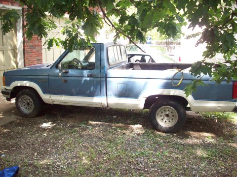 1990 Nissan Sentra - A blue and white pickup truck is parked outside, partially obscured by tree branches, with another vehicle behind it.