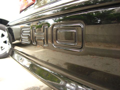 2003 Ford Taurus - Close-up of a chrome 'SHO' emblem on a glossy black body panel, with an alloy wheel and greenery reflected in the paint. Photographed on th…