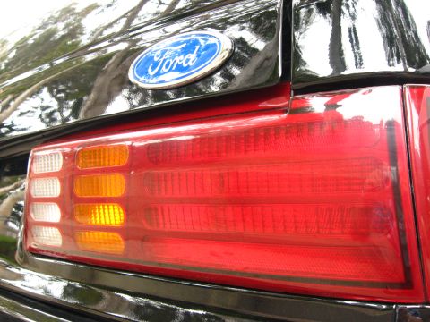 2003 Ford Taurus - Tight close-up of the rear taillight on a glossy black Ford, showing the red lens with amber turn-signal and clear reverse segments, plus t…