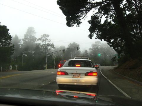 2003 Ford Taurus - Windshield view of a white first-generation Ford Taurus SHO stopped ahead with brake lights and CHMSL lit, showing its California plate 4ED…