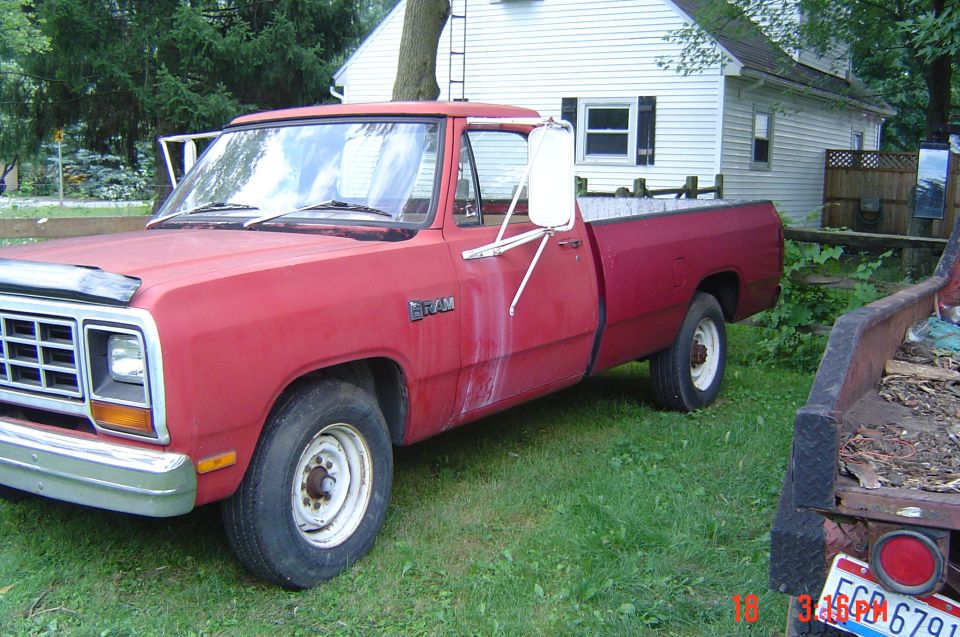 Red 1980s Dodge Ram pickup truck parked on grass.
