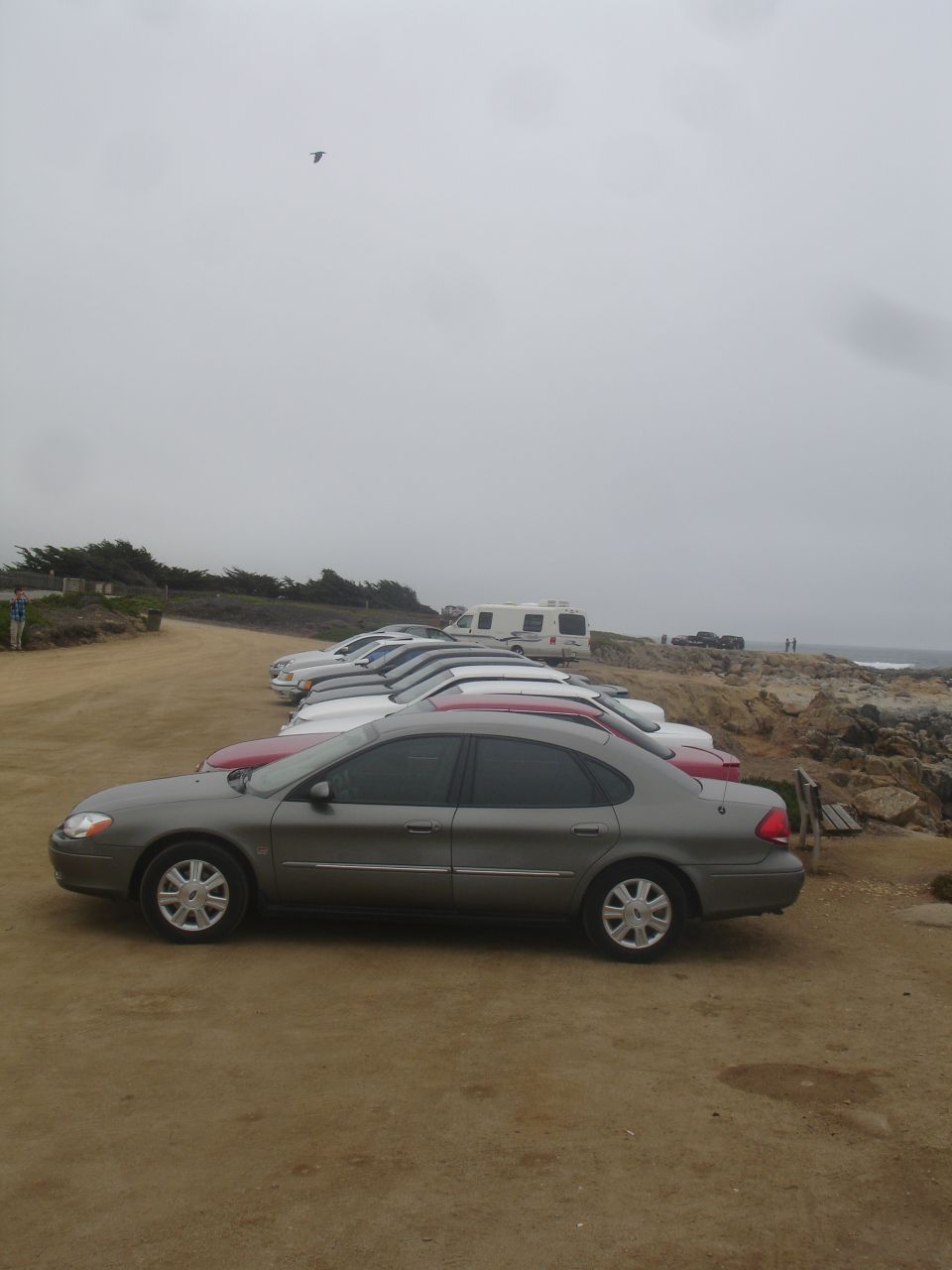Gray sedan parked on a dirt lot with other cars and a rocky coastline in the background.