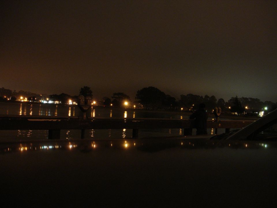 Nighttime scene with reflections on water and distant town lights.