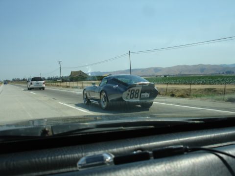 1990 Ford Taurus - A dark blue coupe with racing number 88 is seen on the highway next to a white SUV.
