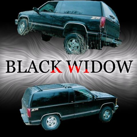 1982 Ford Bronco - A black SUV is shown with "BLACK WIDOW" text overlayed on a smoky background.
