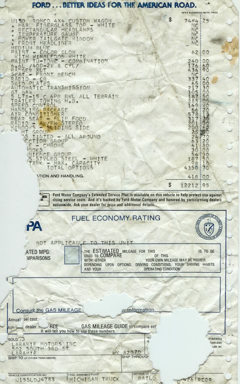 1979 Ford Bronco - Original window sticker