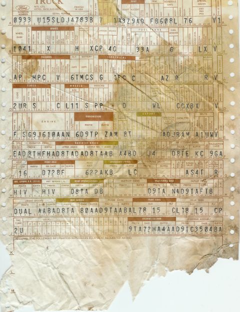 1979 Ford Bronco - Build sheet found under the carpet below the driverâ€™s seat.