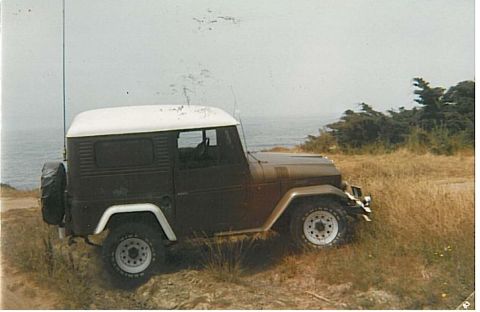 1991 Ford Bronco - A brown and white 4x4 SUV is parked on a grassy incline overlooking the ocean. The vehicle has a spare tire mounted on the rear and appears…
