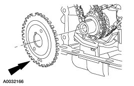 2007 Ford Mustang - Service-manual line drawing of a camshaft/timing sprocket and chain assembly with a callout arrow, labeled A0032166.