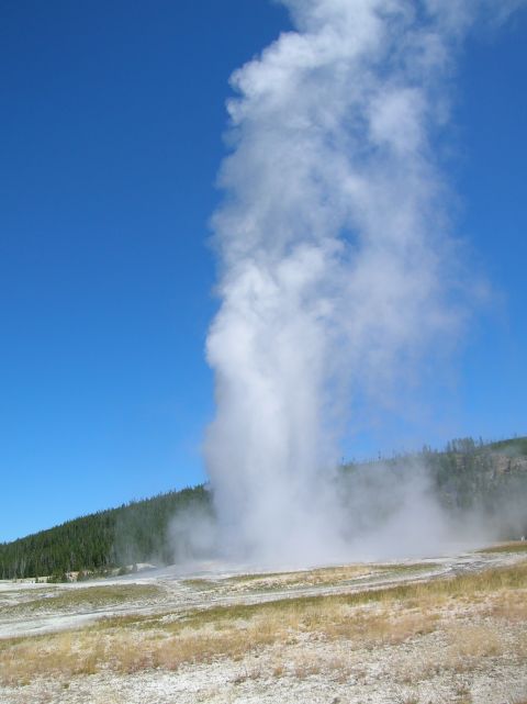 1996 Ford Bronco - Old Faithful geyser erupts, sending a large plume of steam high into the air under a clear blue sky.
