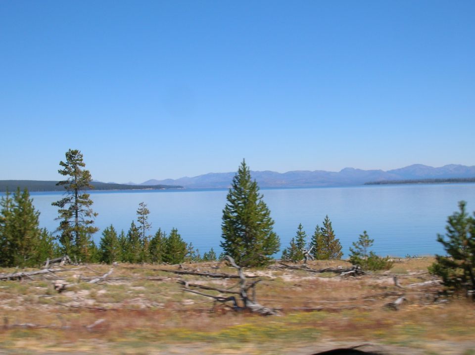Expansive blue lake with distant mountains under a clear sky, foreground shows dry brush and pine trees