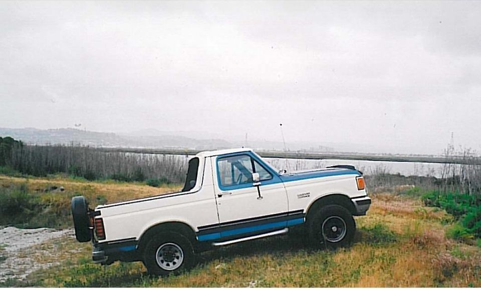 1991 Ford Bronco parked on a grassy hill with a spare tire on the back.