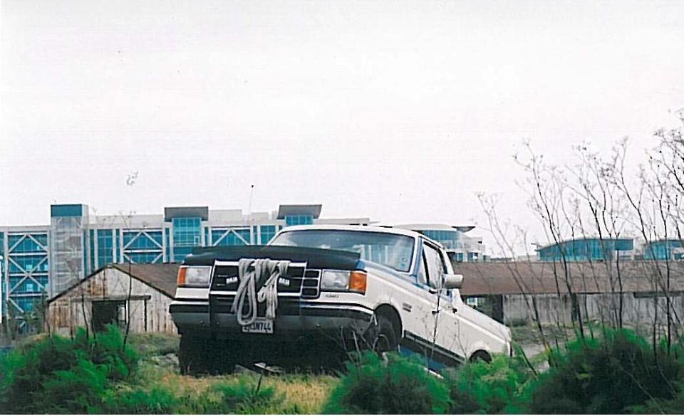 White and blue Ford pickup truck parked on grassy incline with rope on grille.