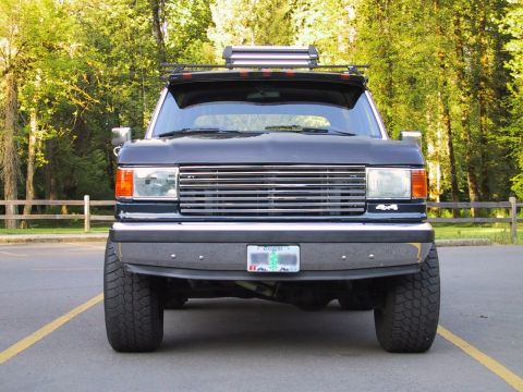 1989 Ford Bronco - This Ford F-Series truck features a prominent grille and a light bar mounted on its roof rack.