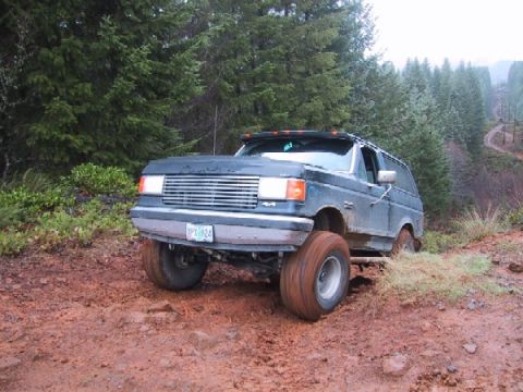 1989 Ford Bronco - This SUV, likely a 1987-1991 Ford Bronco, navigates a challenging muddy path through a dense forest.