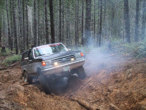 1989 Ford Bronco - A two-tone Ford Bronco navigates a challenging muddy path in a dense forest.