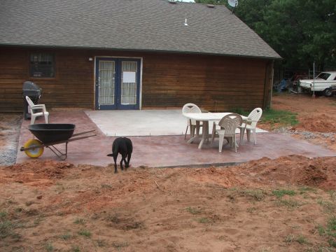 2005 Ford Mustang - A black dog walks away from a patio with a table and chairs set up. A wheelbarrow and grill are also visible on the patio.