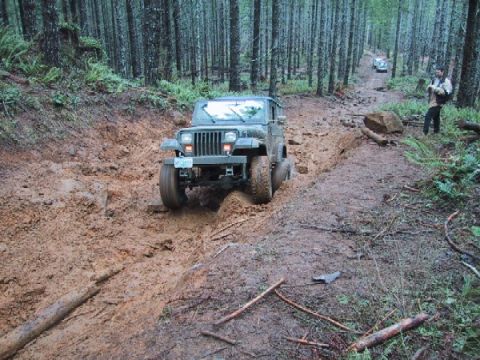 1989 Ford Bronco - A Jeep Wrangler struggles through a muddy path in a dense forest, with another vehicle visible further down the trail.