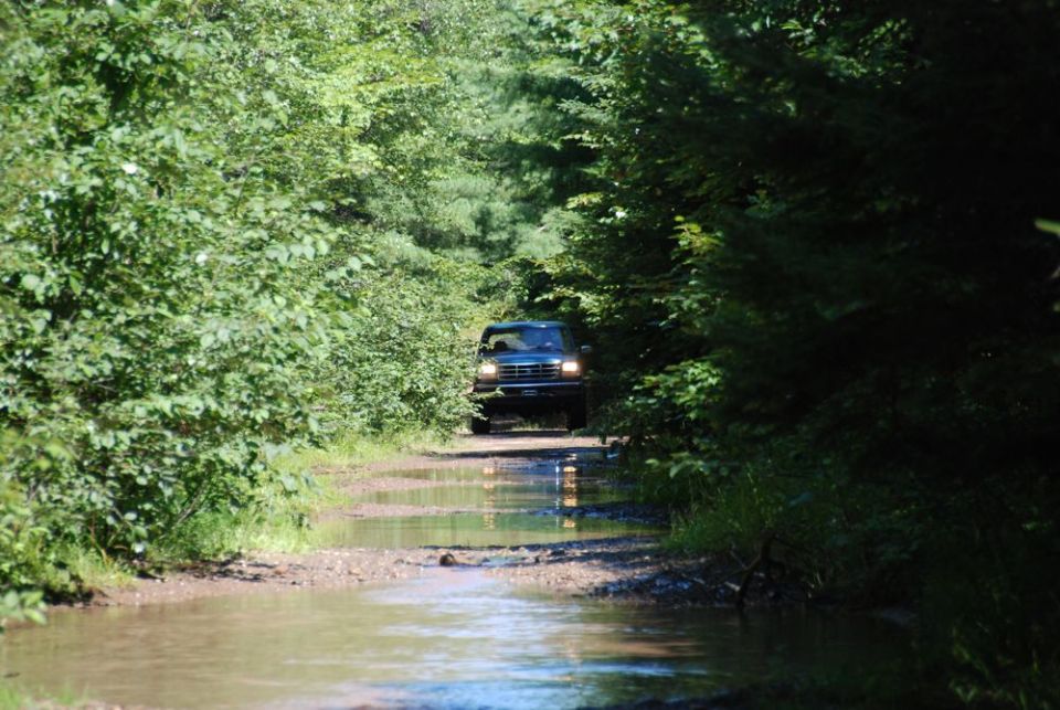 Dark green 1992 Ford Bronco driving on a muddy, water-filled dirt road through a forest