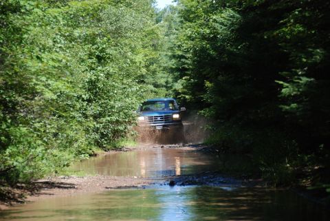 1996 Ford Bronco - A blue 1996 Ford Bronco splashes through a muddy trail surrounded by dense trees.